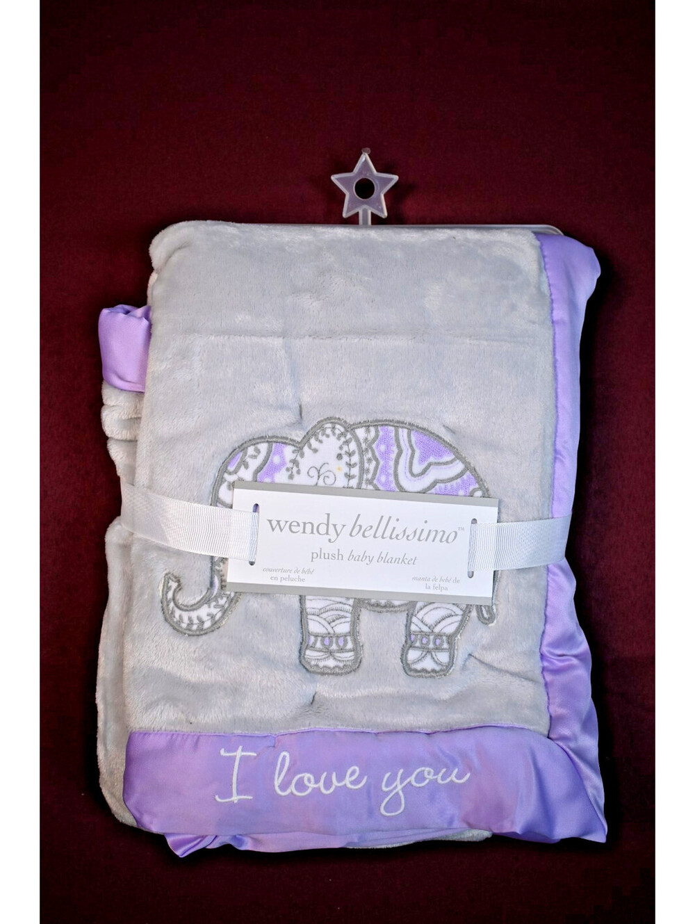 wendy bellissimo Plush Baby Grey Purple Elephant Satin Trim I Love You 30x40